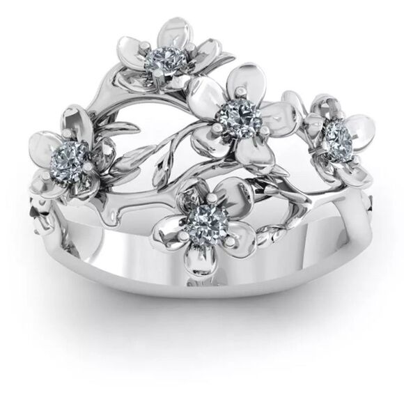 Plum Blossom Silver Flower Ring with Cubic Zirconia Stones Multiple Sizes Avail - Picture 3 of 5